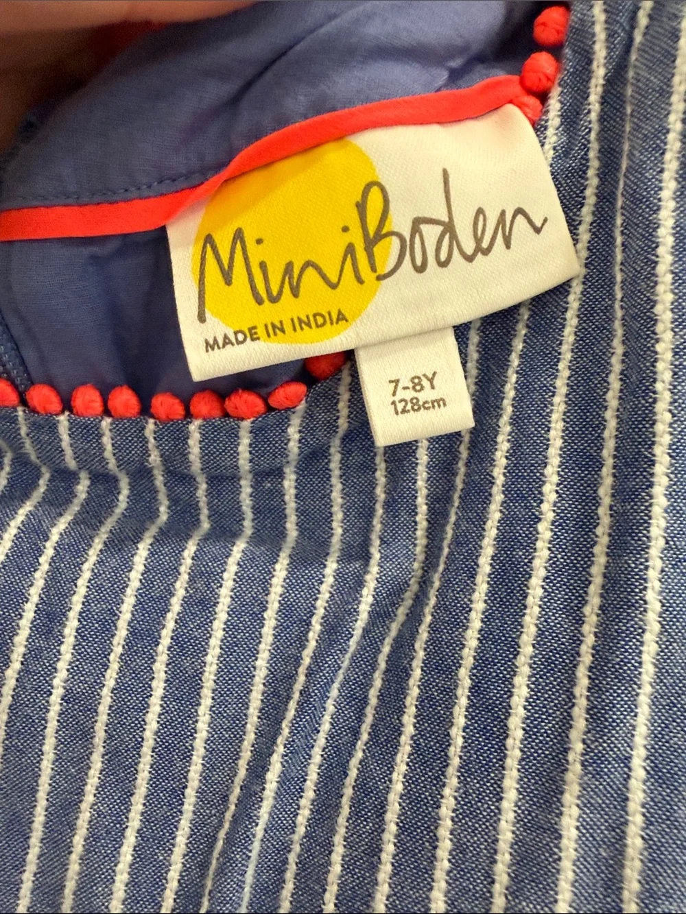 Mini Boden Blue and White Striped Sundress with Red Trim 7-8 Girls